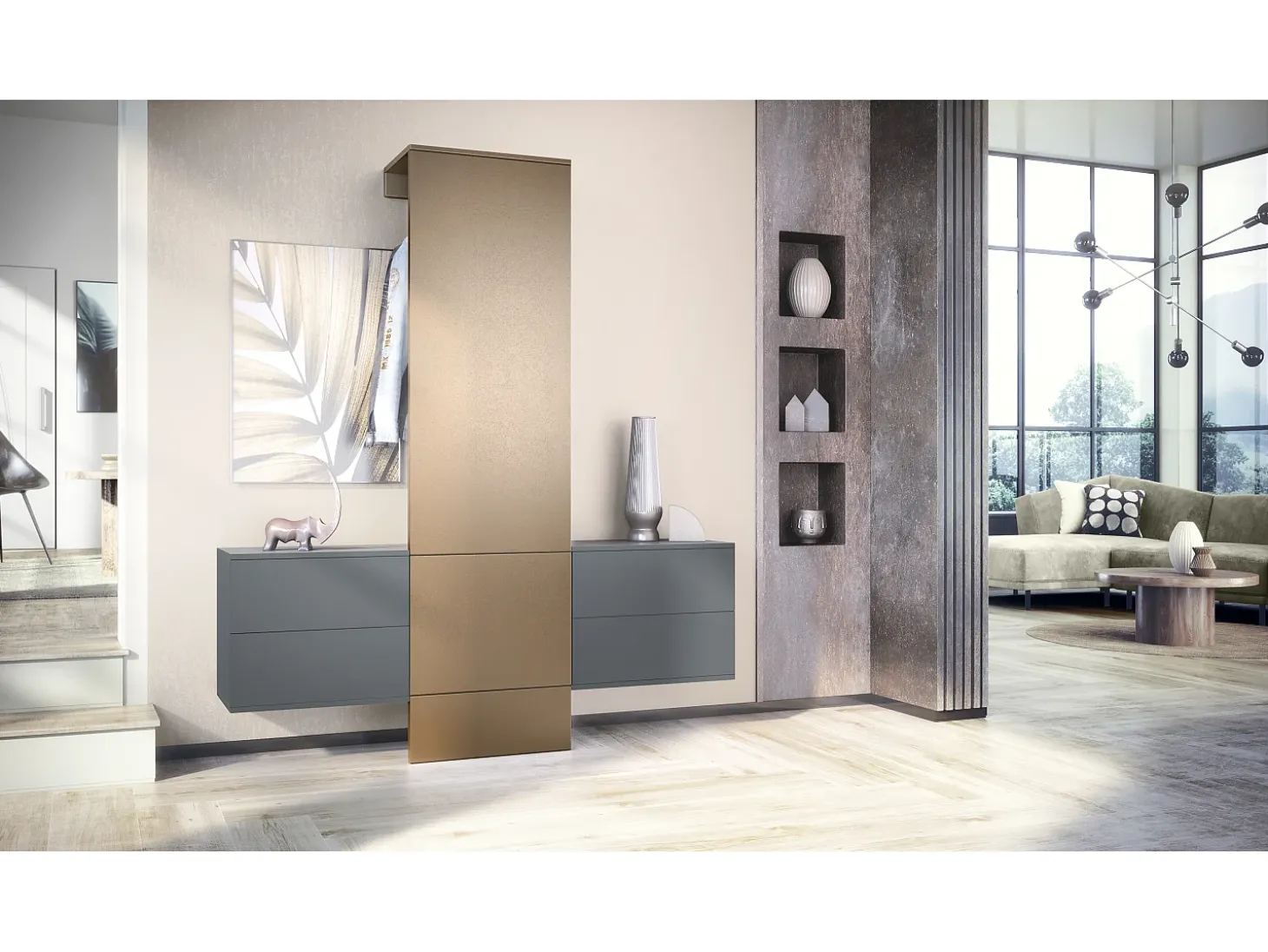 Armario de pared Carlton Set 3, Cuerpo en antracita mate / Panel en aspecto en bronce (157 x 193 x 35 cm)