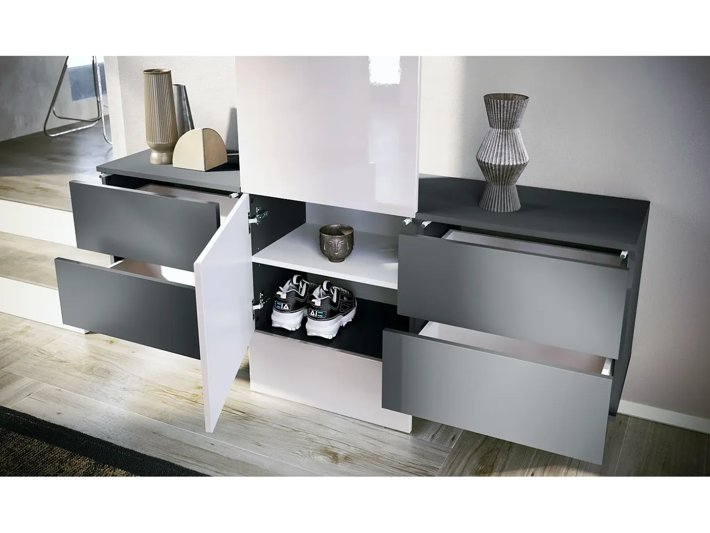 Armario de pared Carlton Set 3, Cuerpo en antracita mate / Panel en aspecto en bronce (157 x 193 x 35 cm)