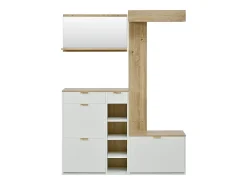 Armario de pared de 4 piezas con zapatero, banco, espejo de pared, perchero y cajones. Fabricado en aglomerado, color blanco.