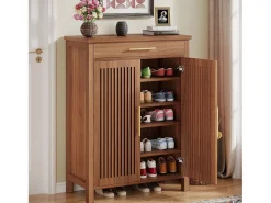 Armario de zapatos estrecho de 5 niveles con puertas de listones y cajón, 80 x 36 x 110 cm, marrón