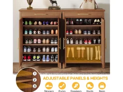 Armario de zapatos estrecho de 5 niveles con puertas de listones y cajón, 80 x 36 x 110 cm, marrón