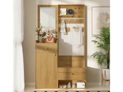 Armario moderno - 105 x 38 x 180 cm - con espejo + ganchos ajustables + 1 puerta + 2 cajones + banco - aglomerado - natural
