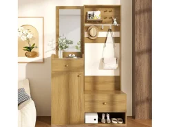 Armario moderno - 105 x 38 x 180 cm - con espejo + ganchos ajustables + 1 puerta + 2 cajones + banco - aglomerado - natural