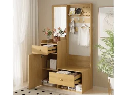 Armario moderno - 105 x 38 x 180 cm - con espejo + ganchos ajustables + 1 puerta + 2 cajones + banco - aglomerado - natural
