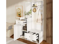 Armario moderno - 105 x 38 x 180 cm - con espejo + ganchos ajustables + 1 puerta + 2 cajones + banco - aglomerado - blanco