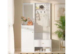 Armario moderno - 105 x 38 x 180 cm - con espejo + ganchos ajustables + 1 puerta + 2 cajones + banco - aglomerado - blanco