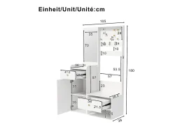 Armario moderno - 105 x 38 x 180 cm - con espejo + ganchos ajustables + 1 puerta + 2 cajones + banco - aglomerado - blanco