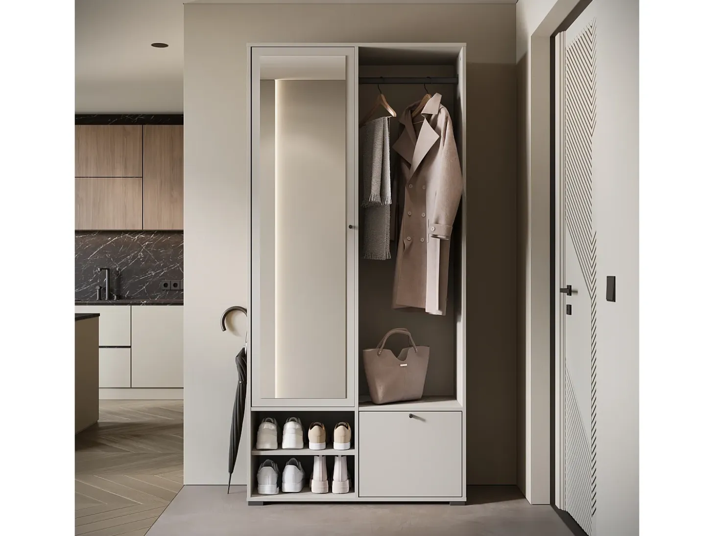 Armario moderno 90 cm armario de entrada con espejo estantes y barra mate beige cachemira