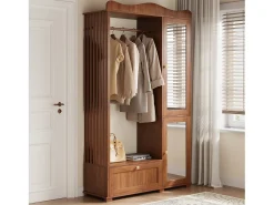 Armario moderno compacto - 115,5 x 38,5 x 194,5 cm - con espejo + espacio para colgar abierto + cajón + 2 puertas - MDF - marrón