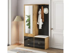 Armario multifunción con espejo, zapatero y banco de almacenaje, negro y madera, (100x38x180 cm)