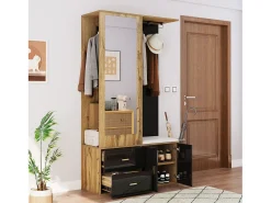 Armario multifunción con espejo, zapatero y banco de almacenaje, negro y madera, (100x38x180 cm)