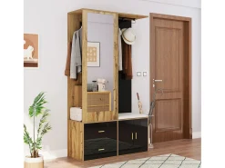 Armario multifunción con espejo, zapatero y banco de almacenaje, negro y madera, (100x38x180 cm)