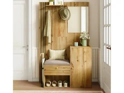 Armario natural con 2 puertas, espejo, paragüero y banco zapatero, multifuncional 115 x 37 x 185