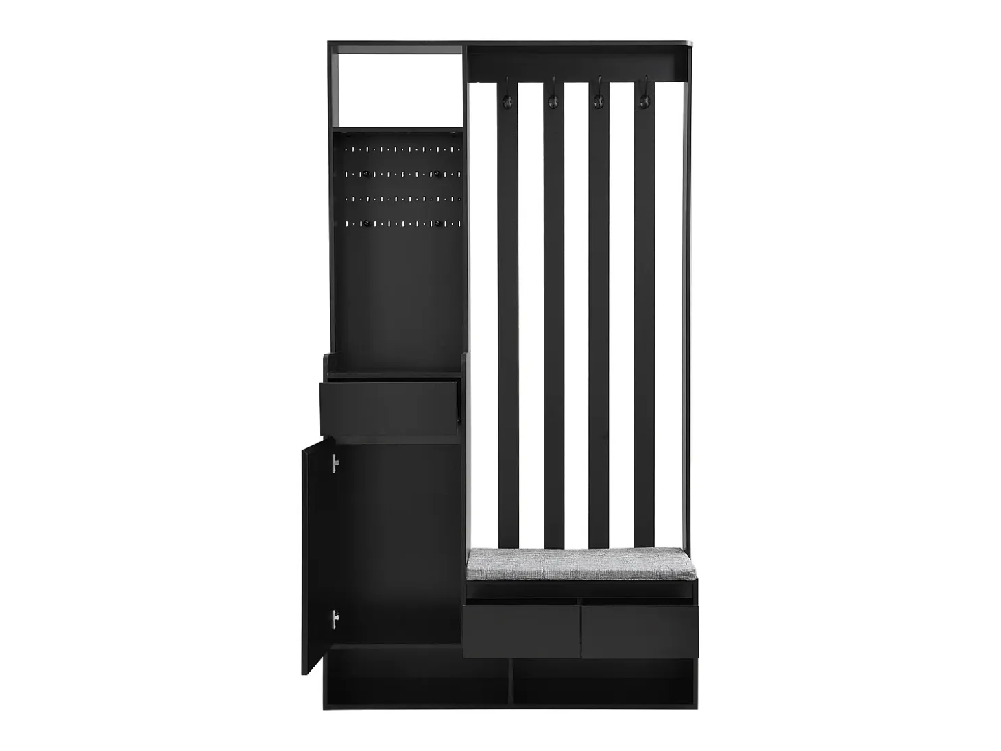 Armario negro con 3 cajones, 1 puerta, 4 ganchos y panel perforado, 100 x 35 x 180 cm