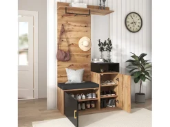 Armario negro y madera con espejo, 2 puertas, banqueta y 4 ganchos 105x40x191,5cm