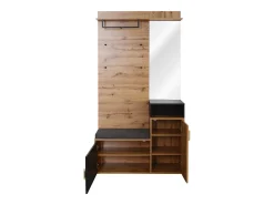 Armario negro y madera con espejo, 2 puertas, banqueta y 4 ganchos 105x40x191,5cm