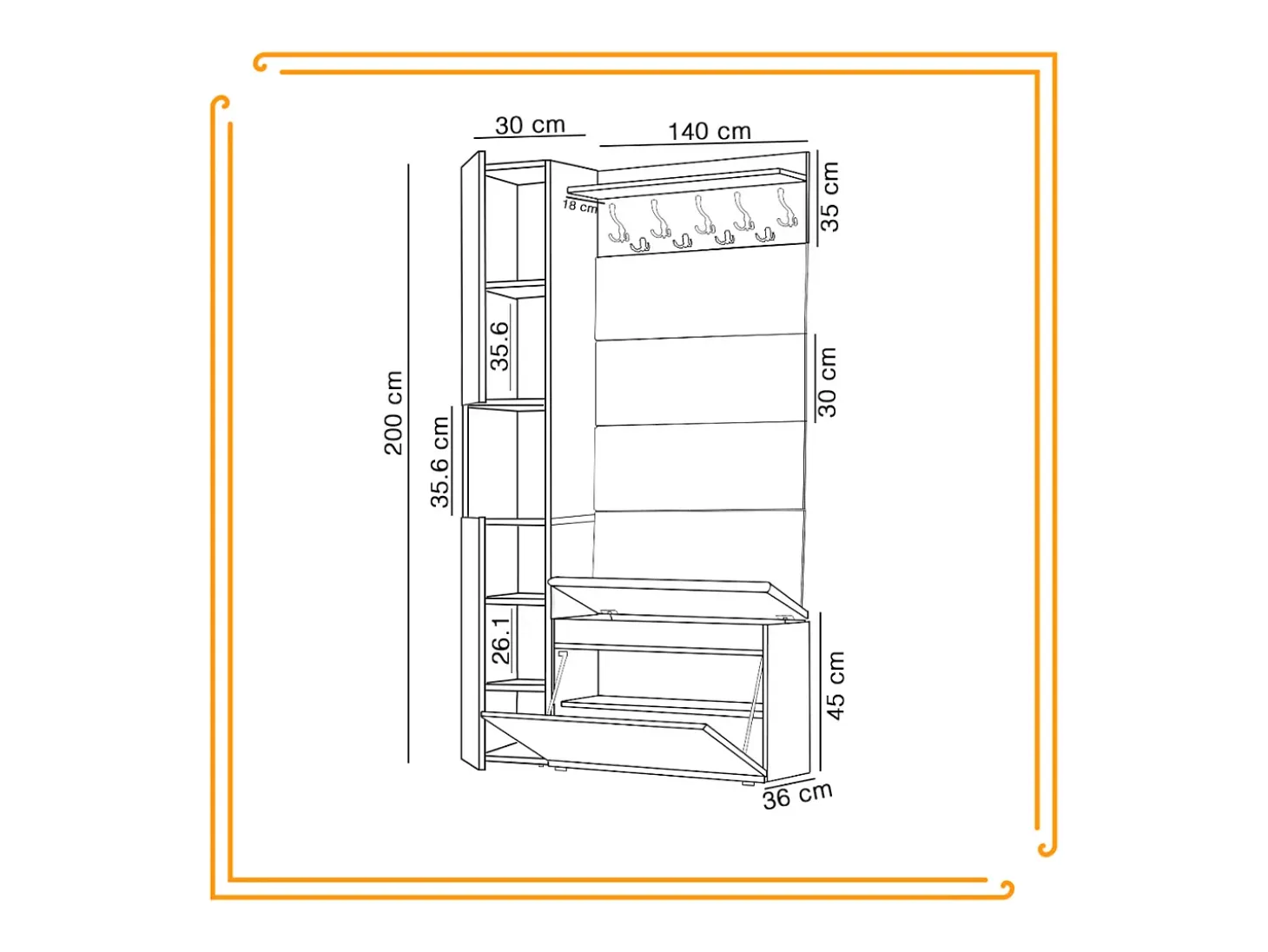 Armario para el recibidor con asiento, perchero, panel tapizado en Dorado Craft y Negro
