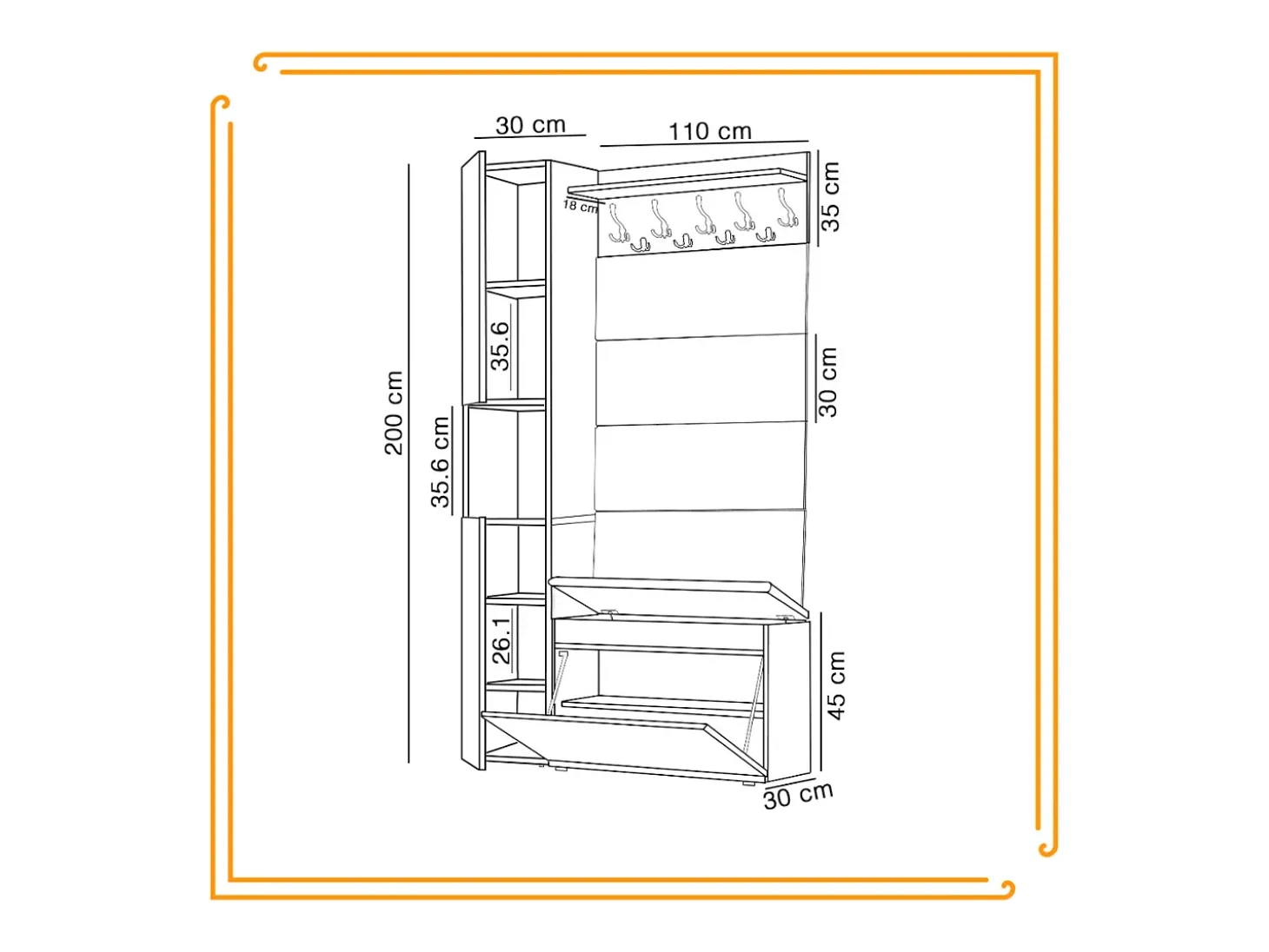 Armario para el recibidor con asiento, perchero, panel tapizado y columna