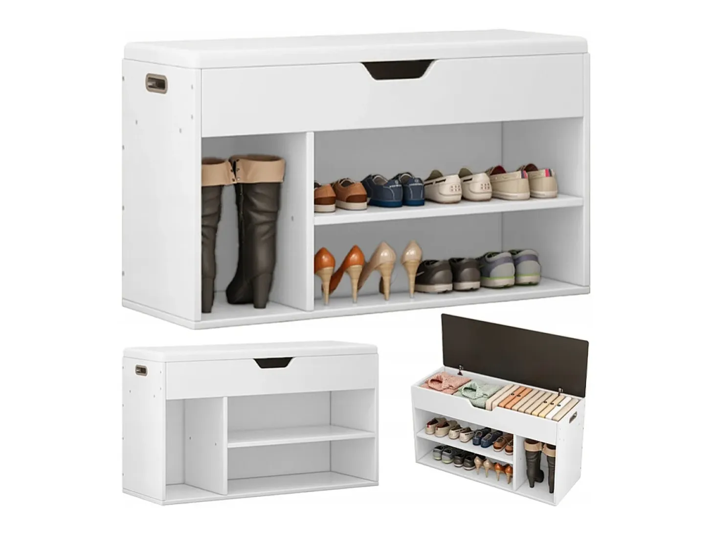 ARMARIO PARA ZAPATOS CON ASIENTO DE MADERA, 3 ESTANTES, APERTURA, BLANCO, 80 CM