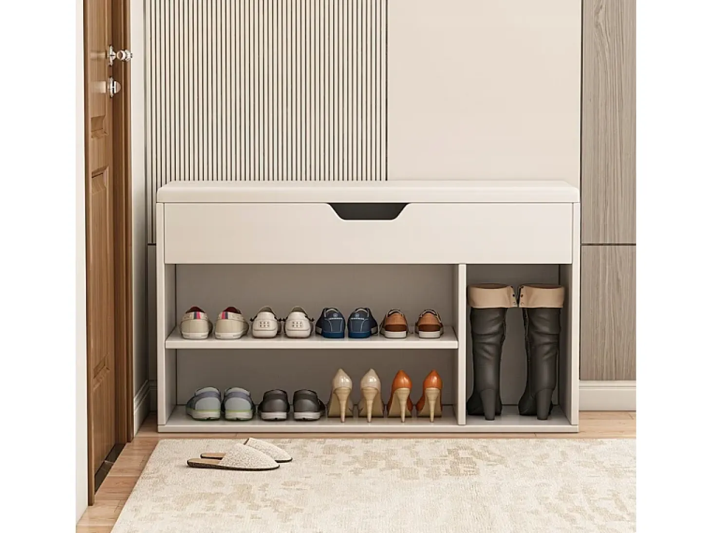 ARMARIO PARA ZAPATOS CON ASIENTO DE MADERA, 3 ESTANTES, APERTURA, BLANCO, 80 CM