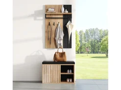 Armario zapatero + panel con 8 ganchos para salón - 70 x 36 x 146 cm - negro y natural