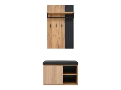 Armario zapatero + panel con 8 ganchos para salón - 70 x 36 x 146 cm - negro y natural