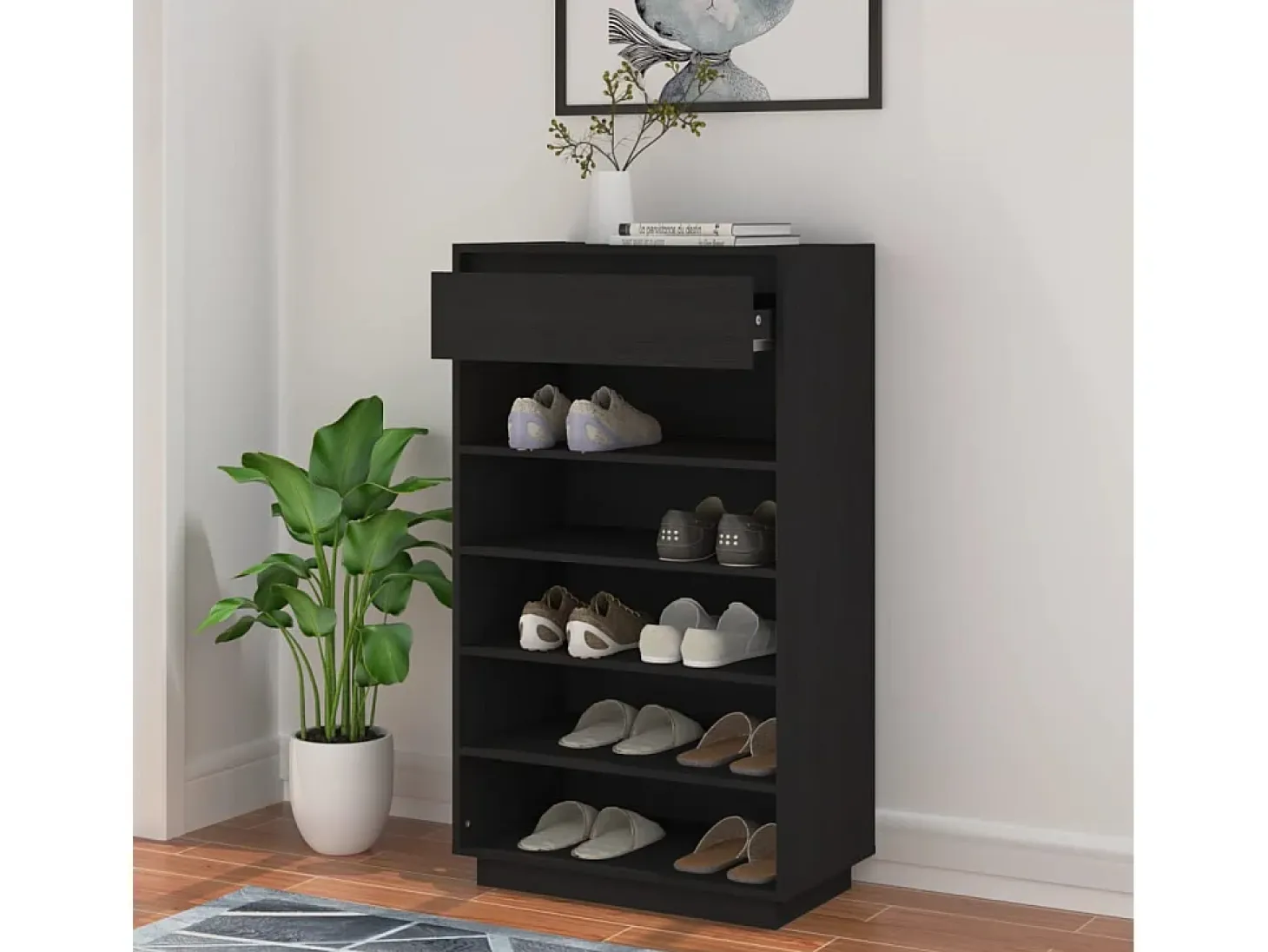 Armario zapatero de madera maciza de pino negro 60x34x105 cm ES920189