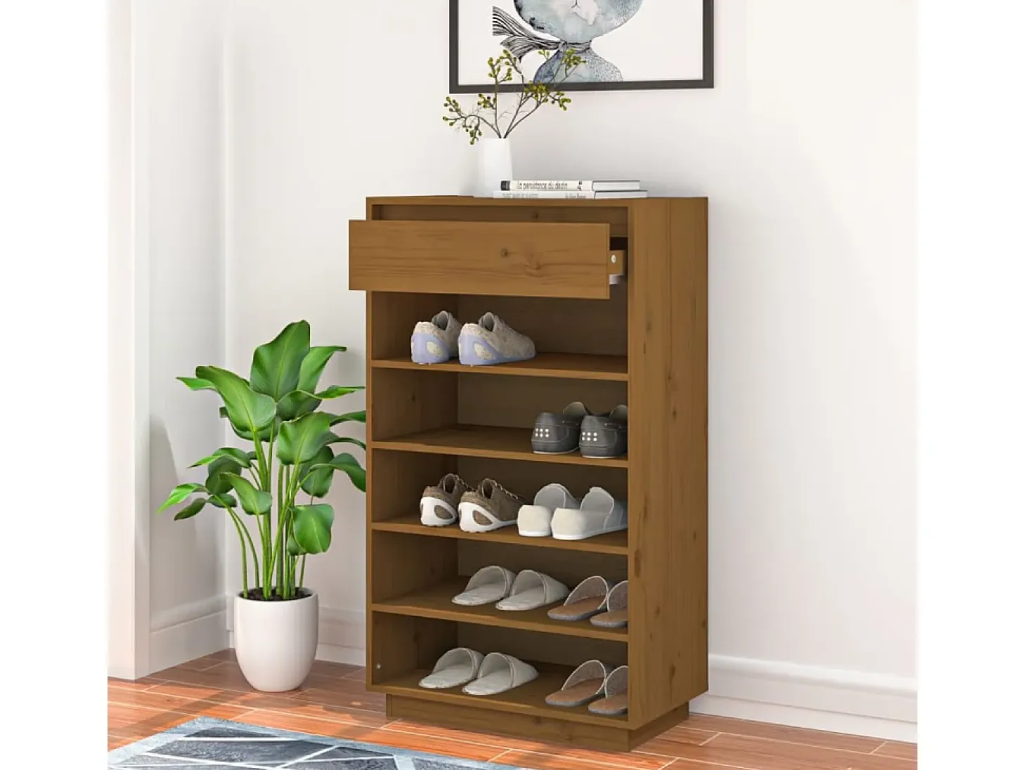 Armario zapatero madera maciza de pino marrón miel 60x34x105 cm ES486040