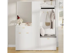 Armario/perchero - 150 x 36 x 180 cm - con banco zapatero + mueble de almacenaje + espejo + cajones - aglomerado - blanco