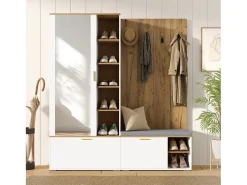 Armario/perchero - 160 x 38 x 180 cm - con mueble y banco zapatero + barra para colgar + 4 ganchos + espejo + puertas - aglomerado - blanco