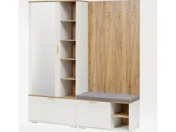 Armario/perchero - 160 x 38 x 180 cm - con mueble y banco zapatero + barra para colgar + 4 ganchos + espejo + puertas - aglomerado - blanco