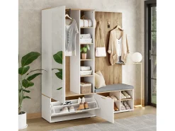 Armario/perchero - 160 x 38 x 180 cm - con mueble y banco zapatero + barra para colgar + 4 ganchos + espejo + puertas - aglomerado - blanco