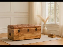 Artisan Furniture Madera maciza Baúl de almacenamiento estilo roble con piel de búfalo