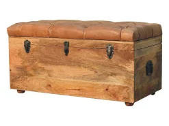 Artisan Furniture Madera maciza Baúl de almacenamiento estilo roble con piel de búfalo