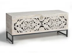 Baúl madera de mango y patas metal en blanco envejecido
