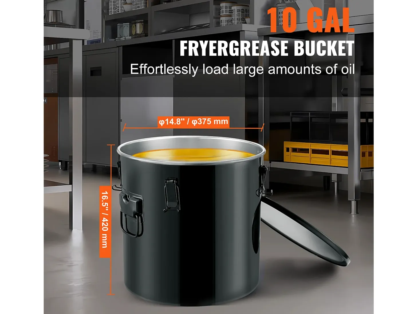 Balde de Grasa SucceBuy para Freidora, Balde de 37 L con Bolsa Filtro, Negro, Acero al Carbono con Recubrimiento Antioxidante