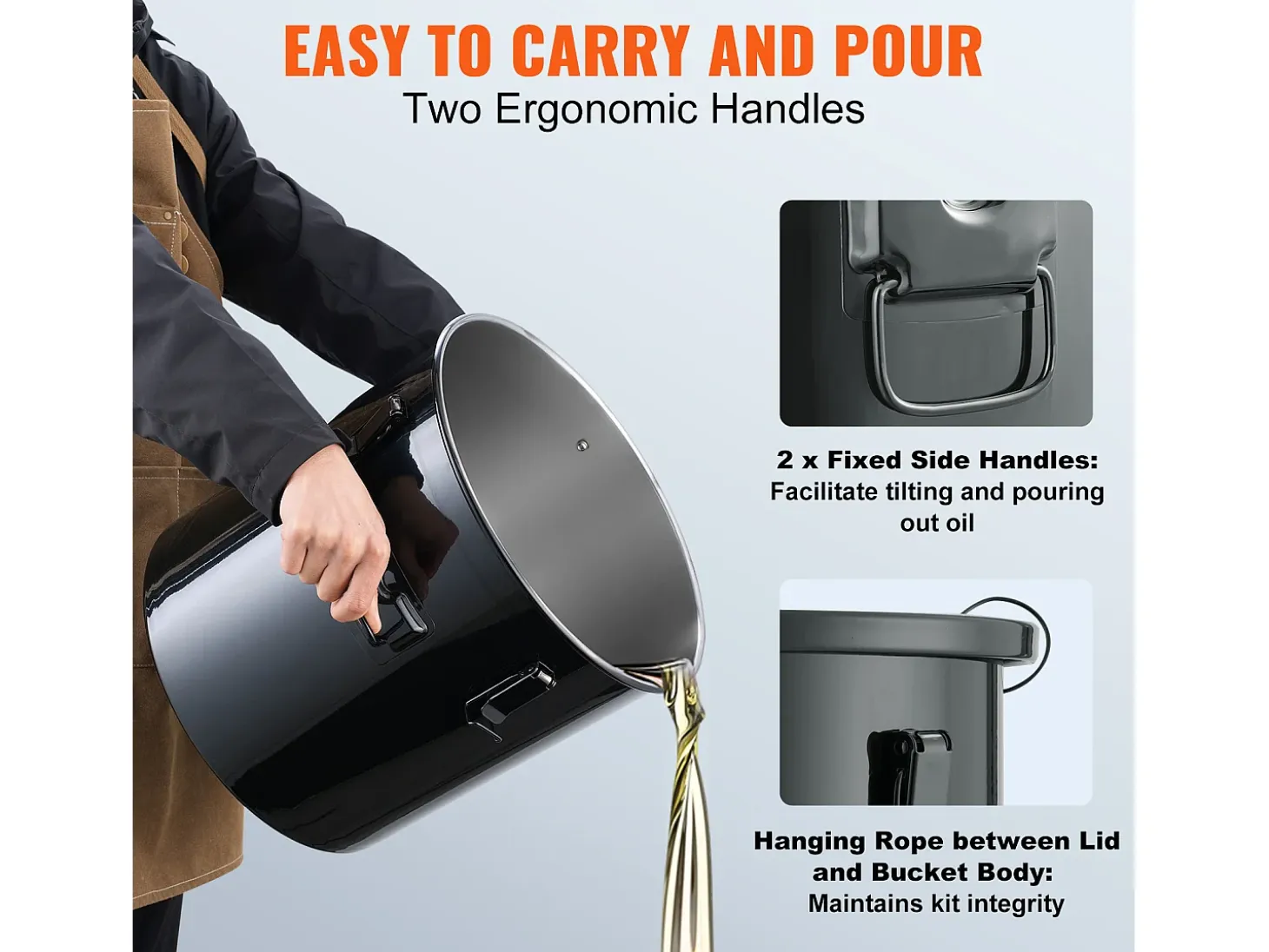 Balde de Grasa SucceBuy para Freidora, Balde de 37 L con Bolsa Filtro, Negro, Acero al Carbono con Recubrimiento Antioxidante