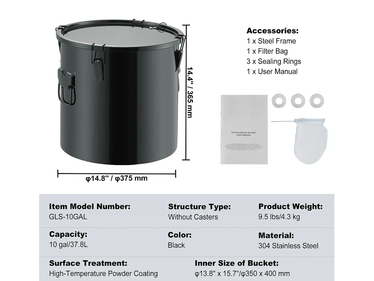 Balde de Grasa SucceBuy para Freidora, Balde de 37 L con Bolsa Filtro, Negro, Acero al Carbono con Recubrimiento Antioxidante