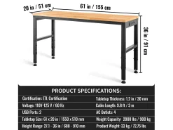 Bancada de Trabajo Ajustable SucceBuy, 155 x 51 cm, con Toma de Corriente