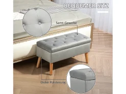 Banco con almacenaje y asiento acolchado, diseño elegante, poliéster y madera de caucho, gris (102x35x43cm)