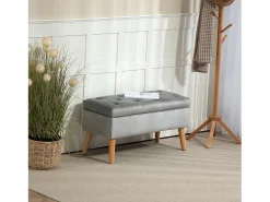 Banco con almacenaje y asiento acolchado, diseño elegante, poliéster y madera de caucho, gris (102x35x43cm)