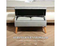 Banco con almacenaje y asiento acolchado, diseño elegante, poliéster y madera de caucho, gris (102x35x43cm)