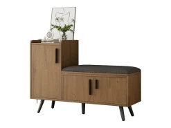 Banco de almacenaje moderno, con 3 puertas, tiradores metálicos asimétricos, estructura de madera natural (100x34x68,5 cm)