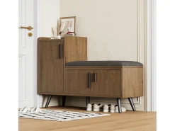 Banco de almacenaje moderno, con 3 puertas, tiradores metálicos asimétricos, estructura de madera natural (100x34x68,5 cm)
