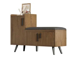 Banco de almacenaje moderno, con 3 puertas, tiradores metálicos asimétricos, estructura de madera natural (100x34x68,5 cm)
