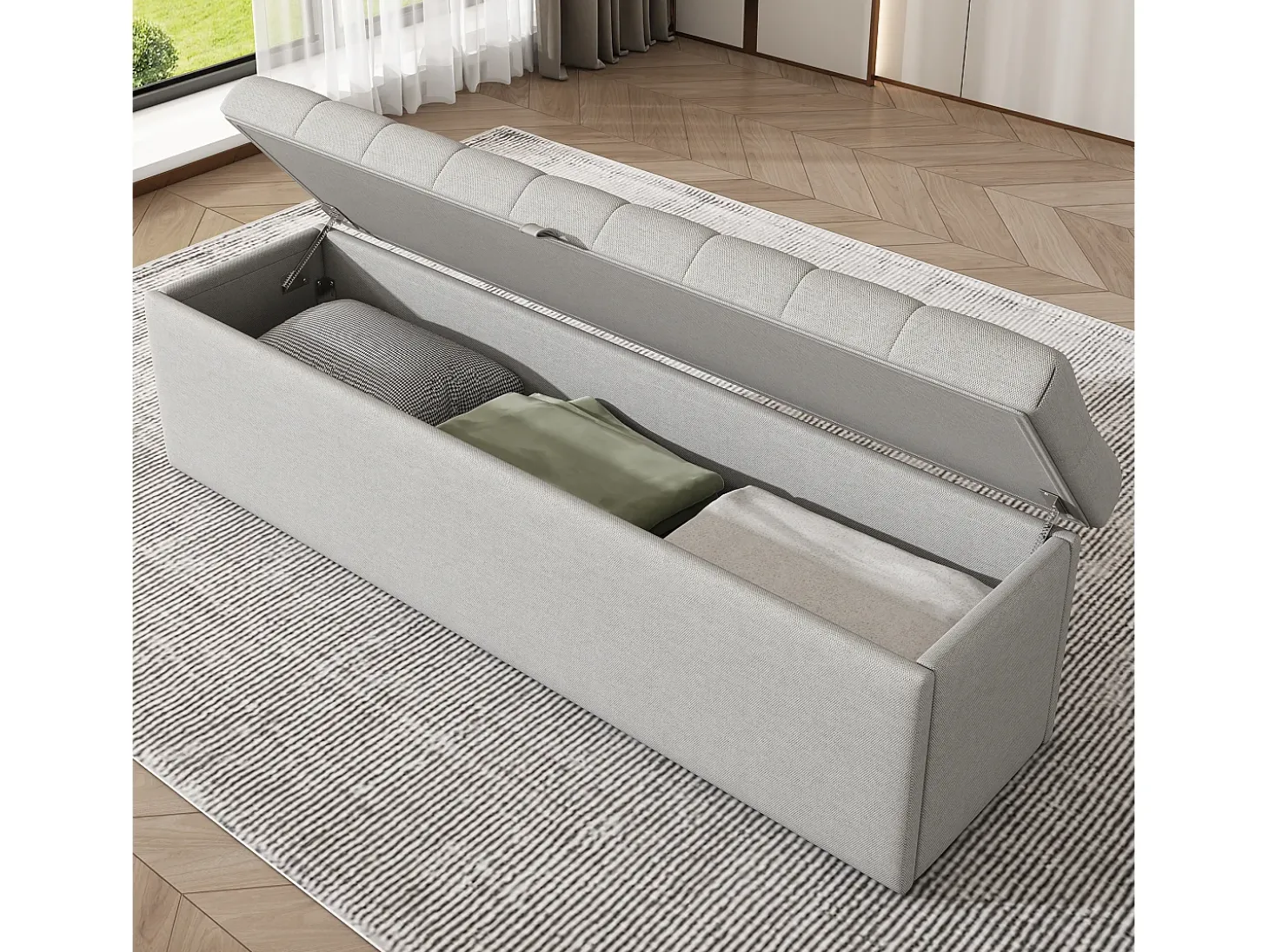 Banco de almacenaje tapizado con espacio de almacenaje - estructura de madera - lino gris claro 141x41,5x47 cm