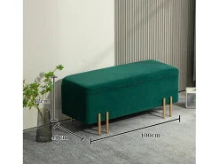 Banco de almacenaje tapizado, diseño moderno, poliéster y metal, verde, con arcón integrado (100x40x42cm)