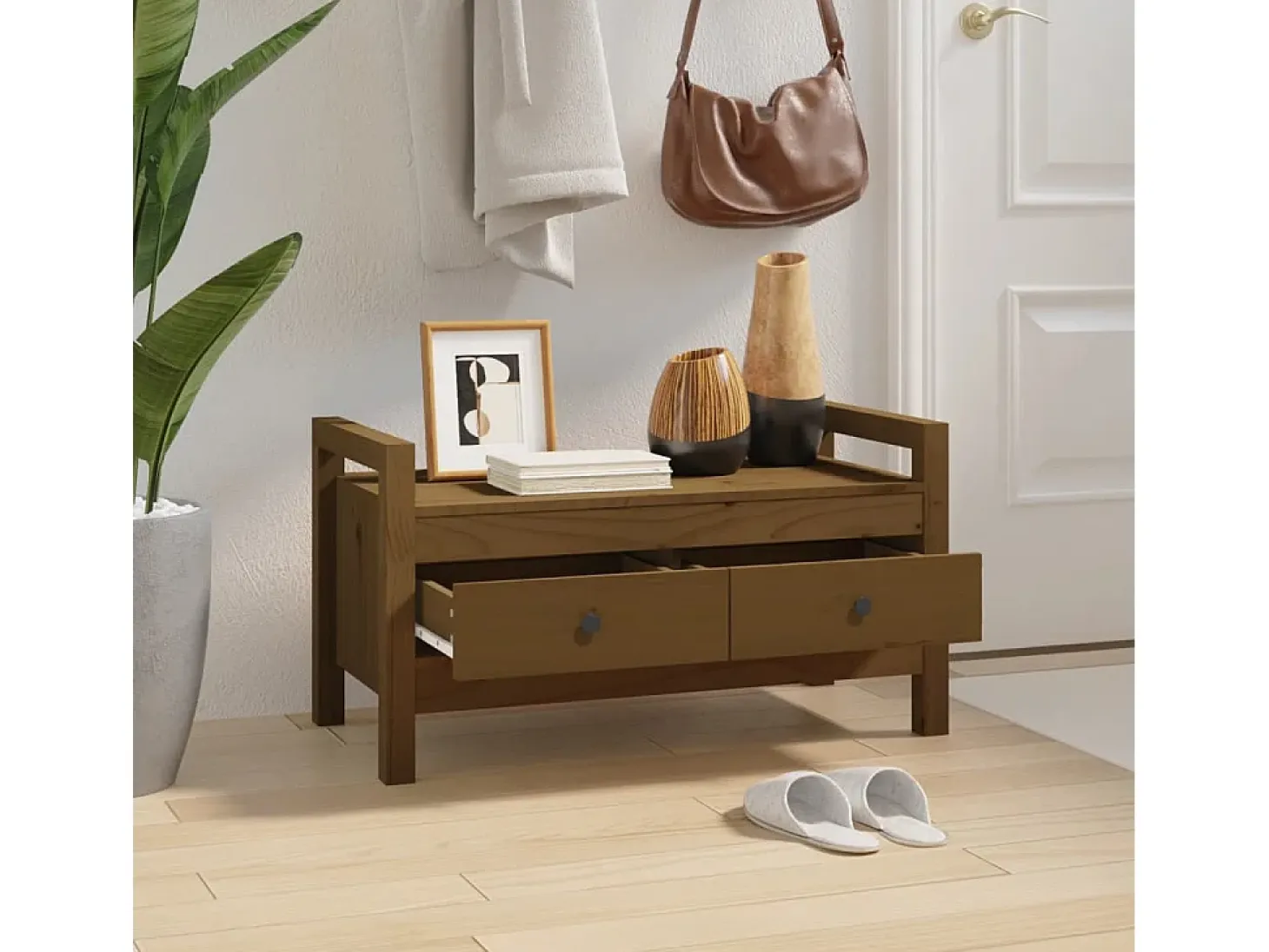 Banco de entrada Marrón miel 80x40x43 cm Madera maciza de pino