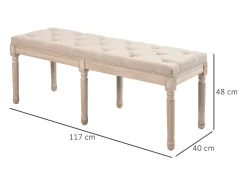 Banco vintage con botones, diseño francés, poliéster, beige (117x40x48cm)