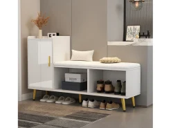 Banco zapatero con 1 puerta, 2 nichos y cojín - patas y tiradores de metal dorado - Blanco - 120 x 35 x 68,5 cm